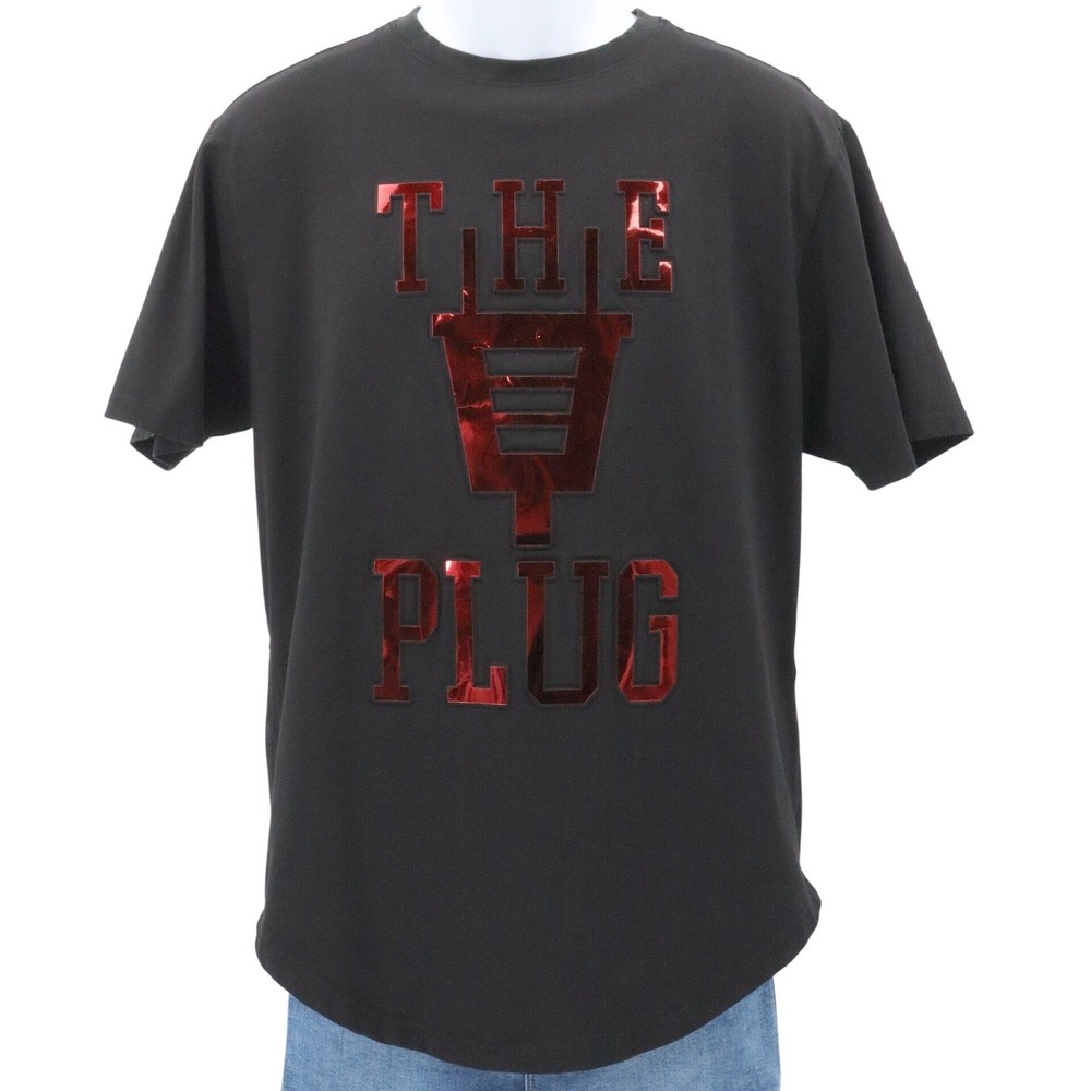 Makobi Mens Black The Plug Graphic T Shirt Size Medium Red Foil Letters Side Zip