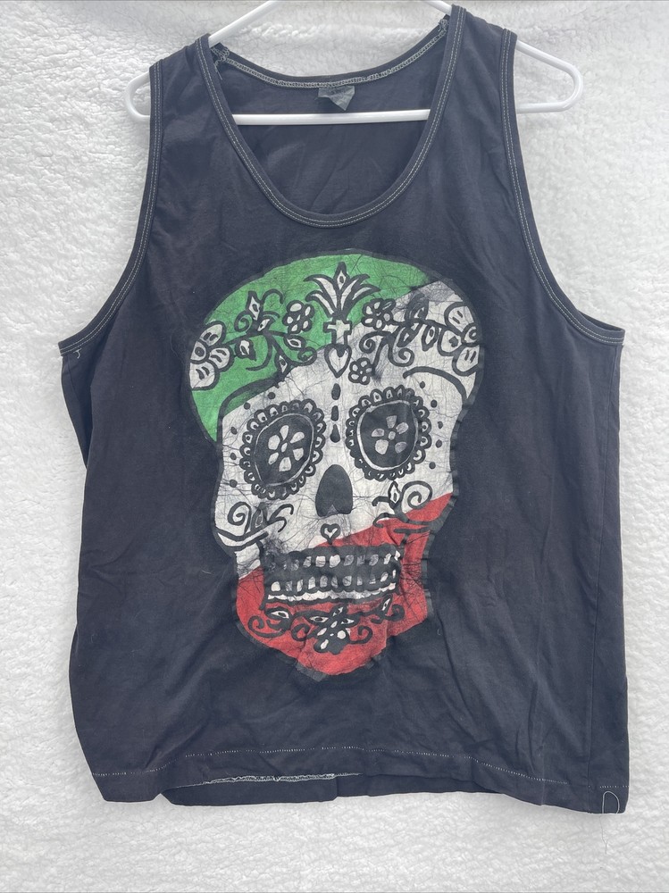 Vintage MANI tank top men skull mayan XL Black Hippie Boho Psychedelic