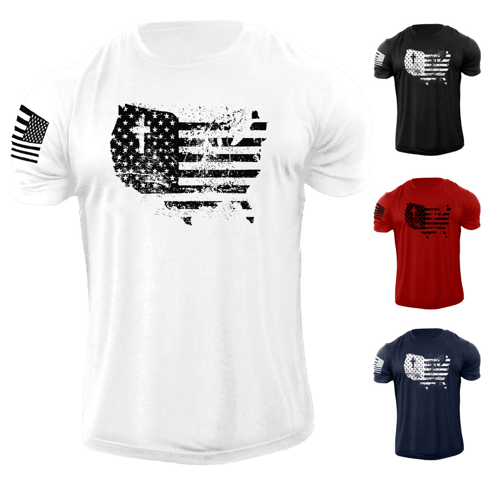 Men’s Cross USA Flag Distressed T Shirt American Patriotic 100% Cotton