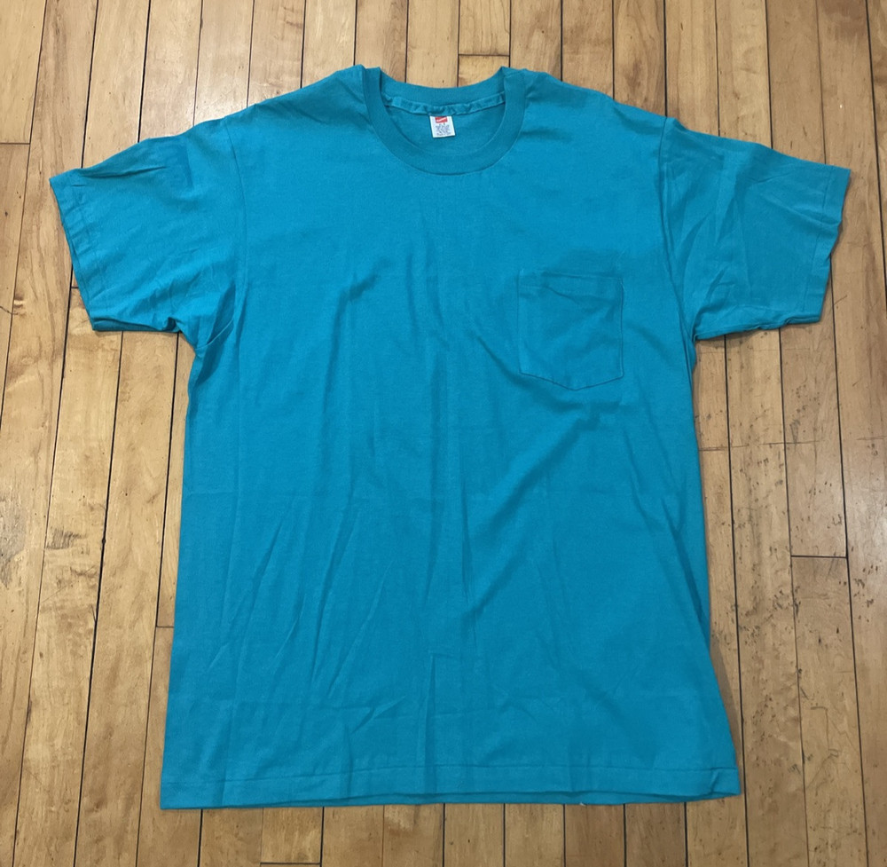 Vintage 90s Hanes Teal Green men’s XL Single Stitch Blank Pocket T-Shirt used