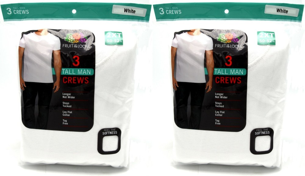 6 White Tall Man 2XT 50-52 Inch Crew Neck T-Shirts Fruit Of The Loom 127-132 CM