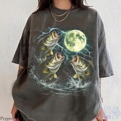 Bass Fish Moon 90s Vintage Style Graphic T-Shirt Retro Largemouth Fishing Tee