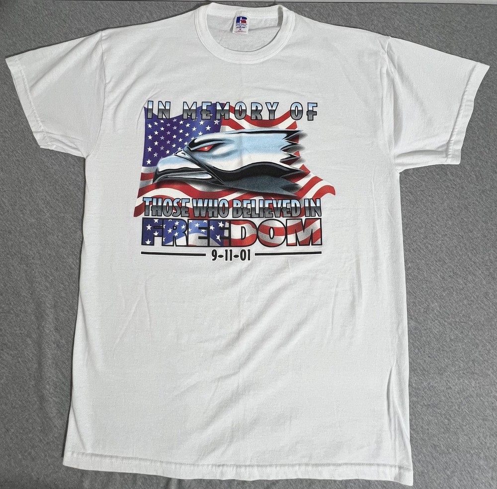 Vintage Russell Athletic Shirt Mens Medium White 9-11 Eagle American Flag 00s