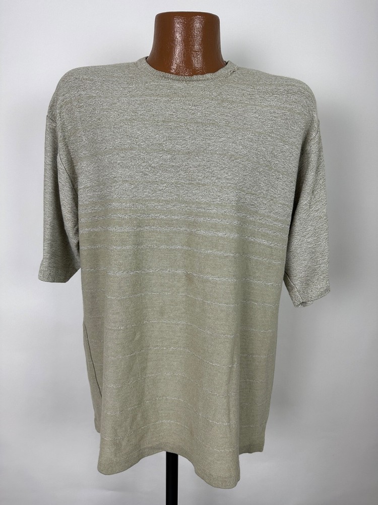 Vintage Fieldmaster Knit T-Shirt Men Large Beige Striped Acrylic Blend Minimal