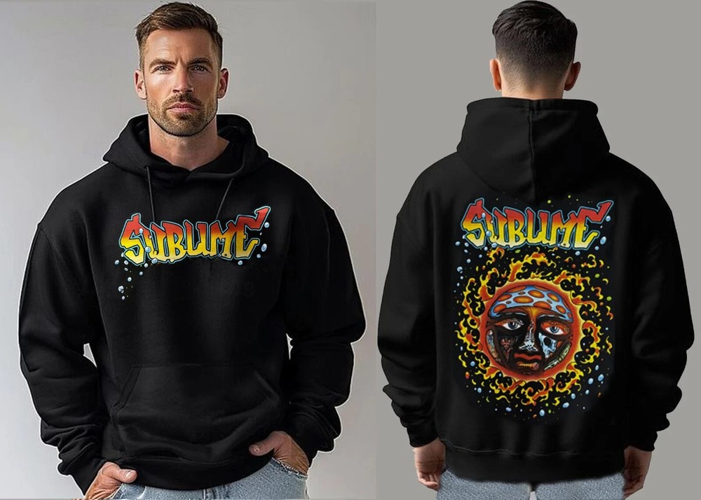 SUBLIME LONG BEACH CA BLACK HOODIE SPLASHED FRONT AND BACK PRINT MEN’S