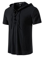 Men’s Cotton Vintage Hooded Design Short Sleeve Lace up Shirts for Large Black