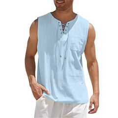 Mens Cotton Linen Sleeveless Shirt Casual Lace Up Tank Top Summer Beach Vest New