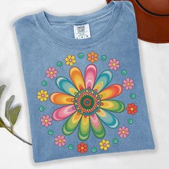 Retro Flower Power Rainbow Floral Comfort Tee Vintage Style Hippie 60s
