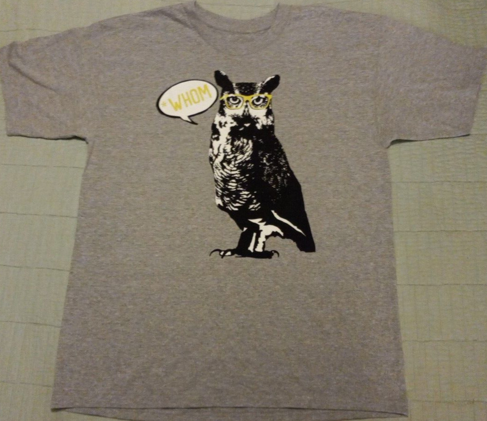 Men’s Lg Mighty Fine Gray Grammar Owl Who Vs. Whom Funny Graphic T Shirt