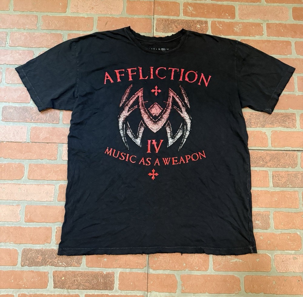 Men’s Affliction Music As A Weapon Shirt 2XL Red Foil Print