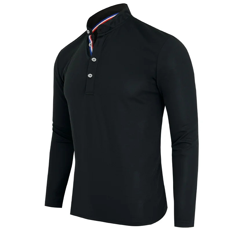 Men’s Polo Shirt-Spring and Autumn Casual Business Buckle Henry Collar Long slee