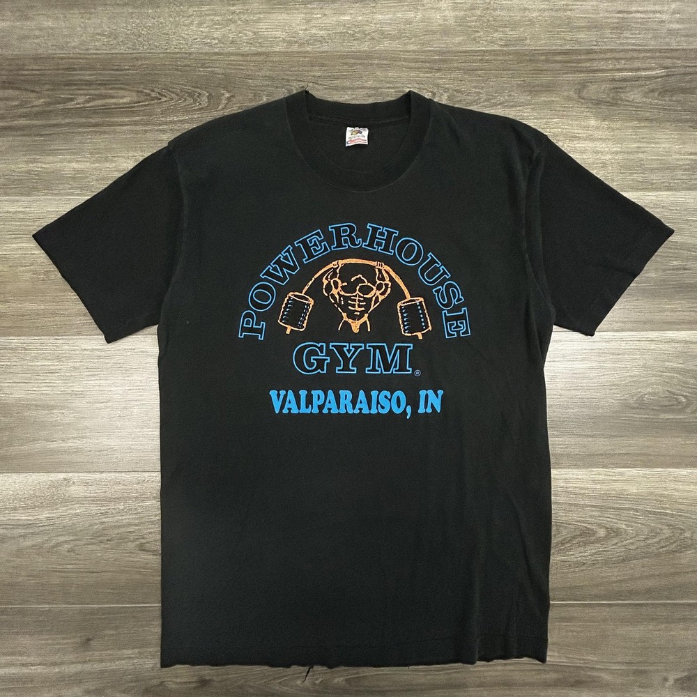 Vintage Powerhouse Gym Shirt Mens Large Black Bodybuilding Single Stitch USA 90s