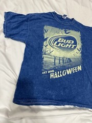 Bud Light Beer Shirt Size L Blue Mineral Wash Halloween Graphic Print
