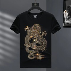 New Fashion Dragon Rhinestone Summer Short Sleeve Luxury Men Streetwear T-Shirt