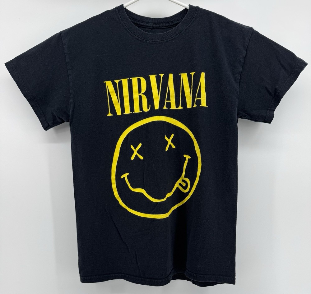 Nirvana Smiley Face Graphic T-Shirt Black And Yellow Size Small Unisex Band Tee
