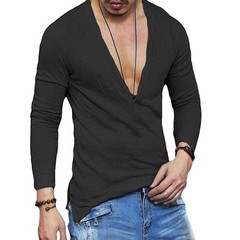 Mens Solid Long Sleeve T shirt with Deep V Neck and Button Front Blouse