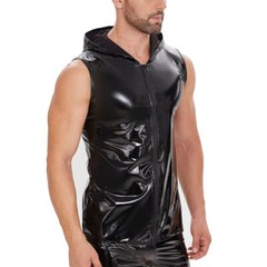Mens Shiny PVC Leather Tank Tops Full Zipper Glossy Hoodies T-Shirts Latex Vests