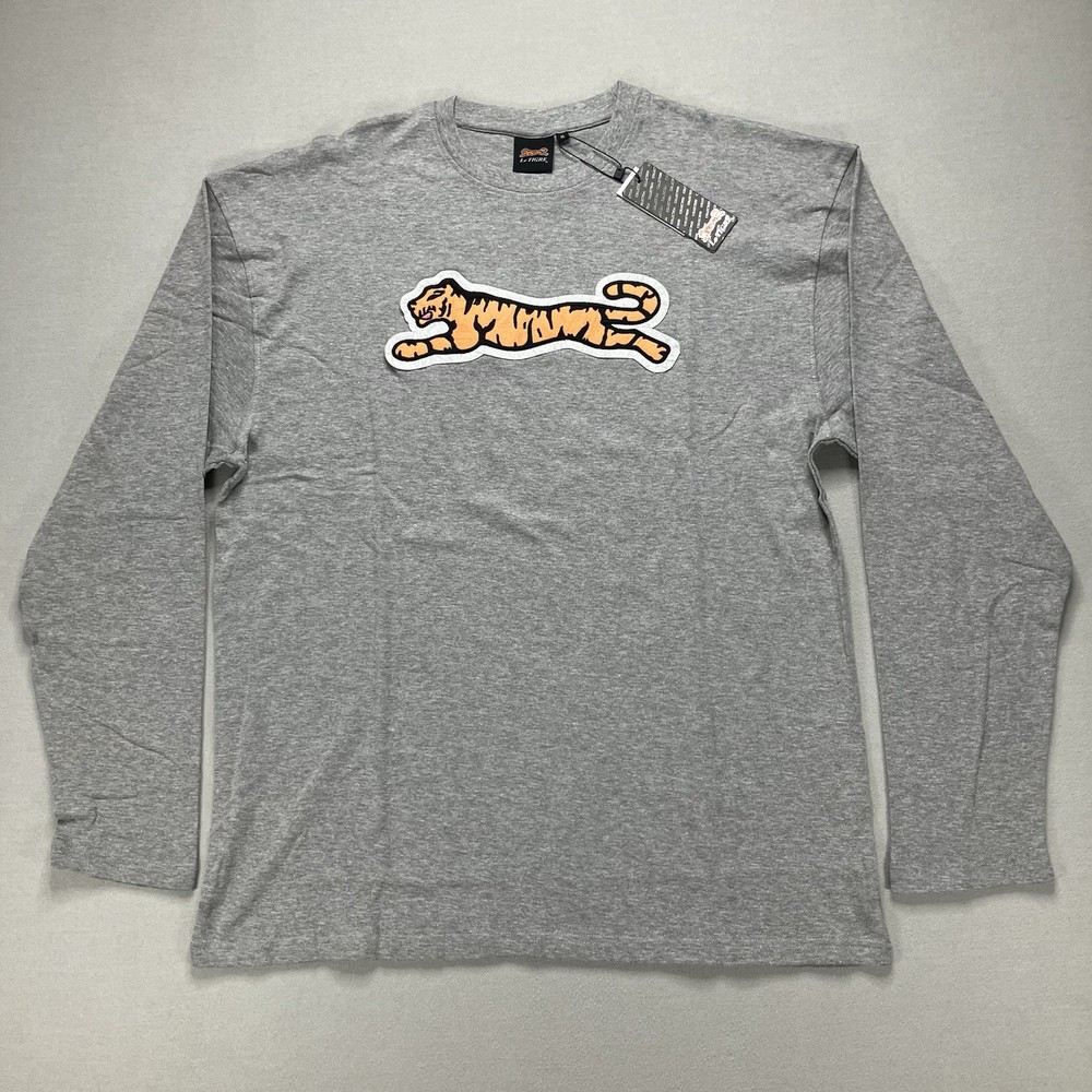 Le Tigre Men’s Flocked Big Tiger Graphic T-Shirt Cotton Long Sleeve Gray Size XL