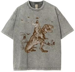 Men’s Multicolor Jesus Dinosaur Graphic Print Crew Neck Short Sleeve T-Shirt L