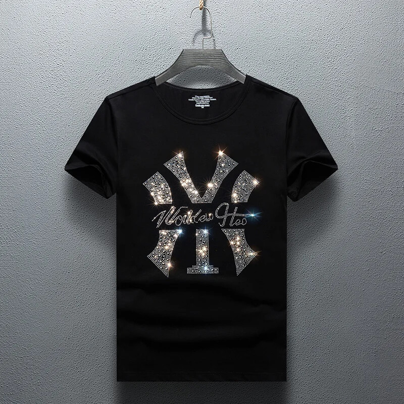 New Men Luxury Rhinestones Fashion T-Shirt High Quality Black White