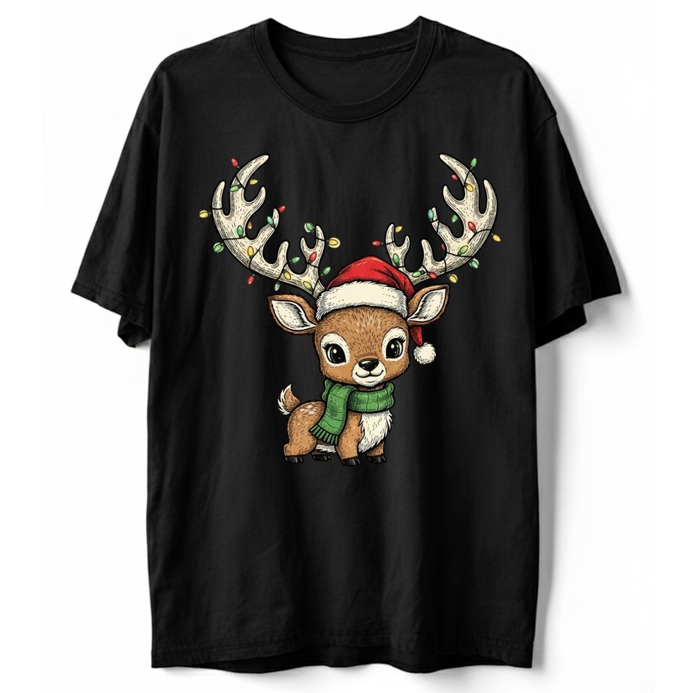 Cute Baby Reindeer T-Shirt Christmas Lights Santa Hat Kawaii Animal Holiday Gift