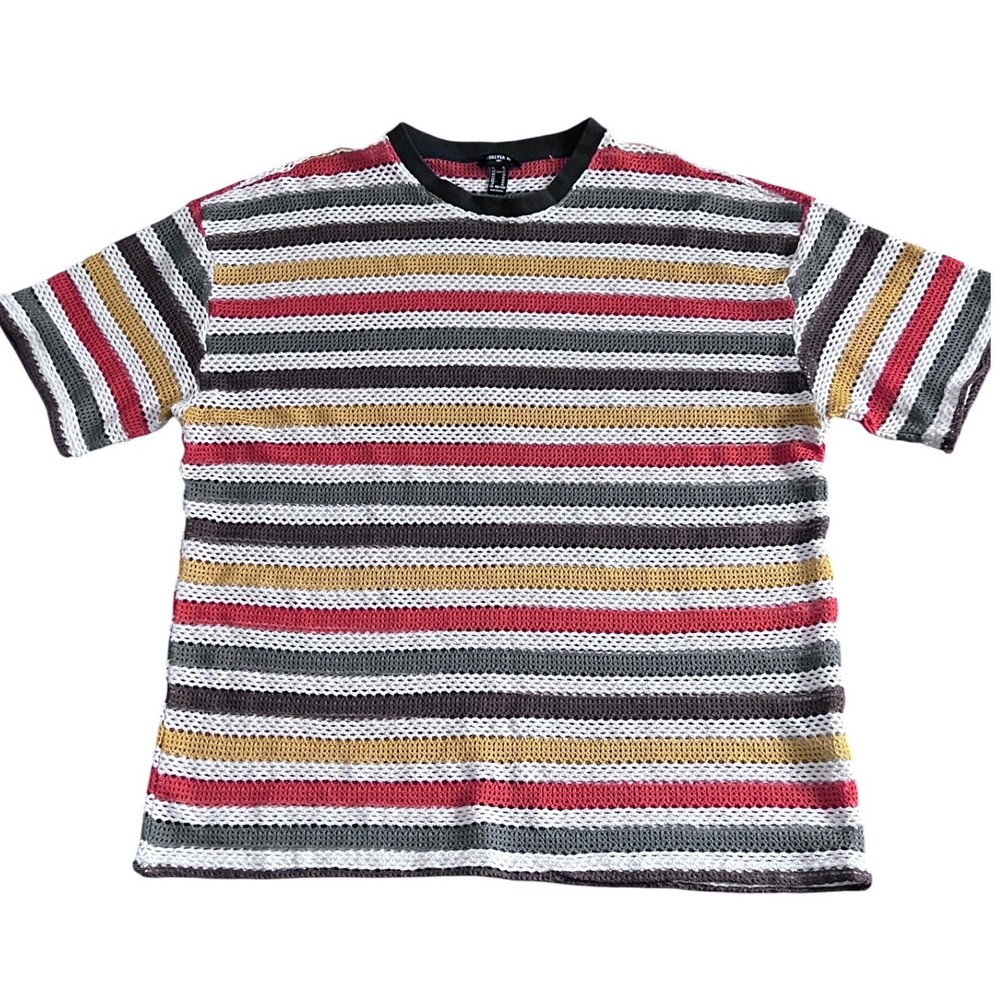 Mens Colorful Striped Crochet Open Knit Mesh short sleeve t Shirt Size XL
