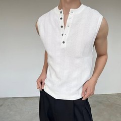 Men’s Ribbed Vest Sleeveless For Henry Collar Slim Fit Streetwear Sports Top