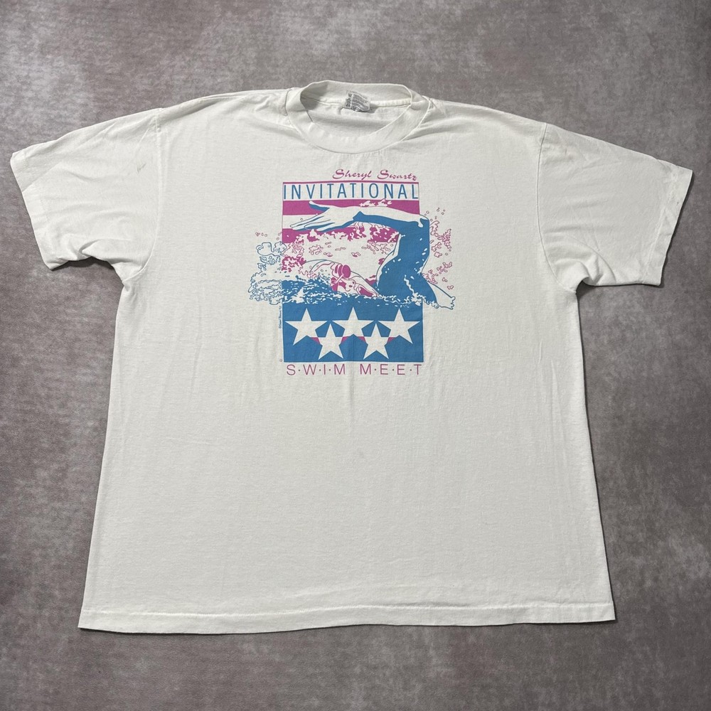 Vintage 80s Sheryl Swartz Swim Meet Shirt Mens XL Swimming Graphic Single Stitch