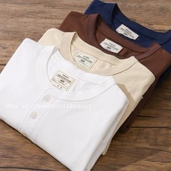 Mens Long Sleeve Shirts Soild Color Heavy Cotton Retro Casual T-Shirts
