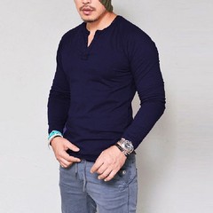 Men’s Long Sleeve Cotton T-Shirt Solid Slim Fit Button Up Tops Blouse Tee Casual