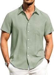 Men’s Linen Shirt Short Sleeve Button Down Wrinkle Free Casual Summer Beach Top