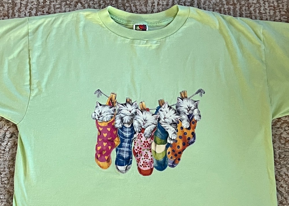 Vintage Fruit of the Loom XL Unisex Tee ~ Kittens on the Line in Socks Stockings