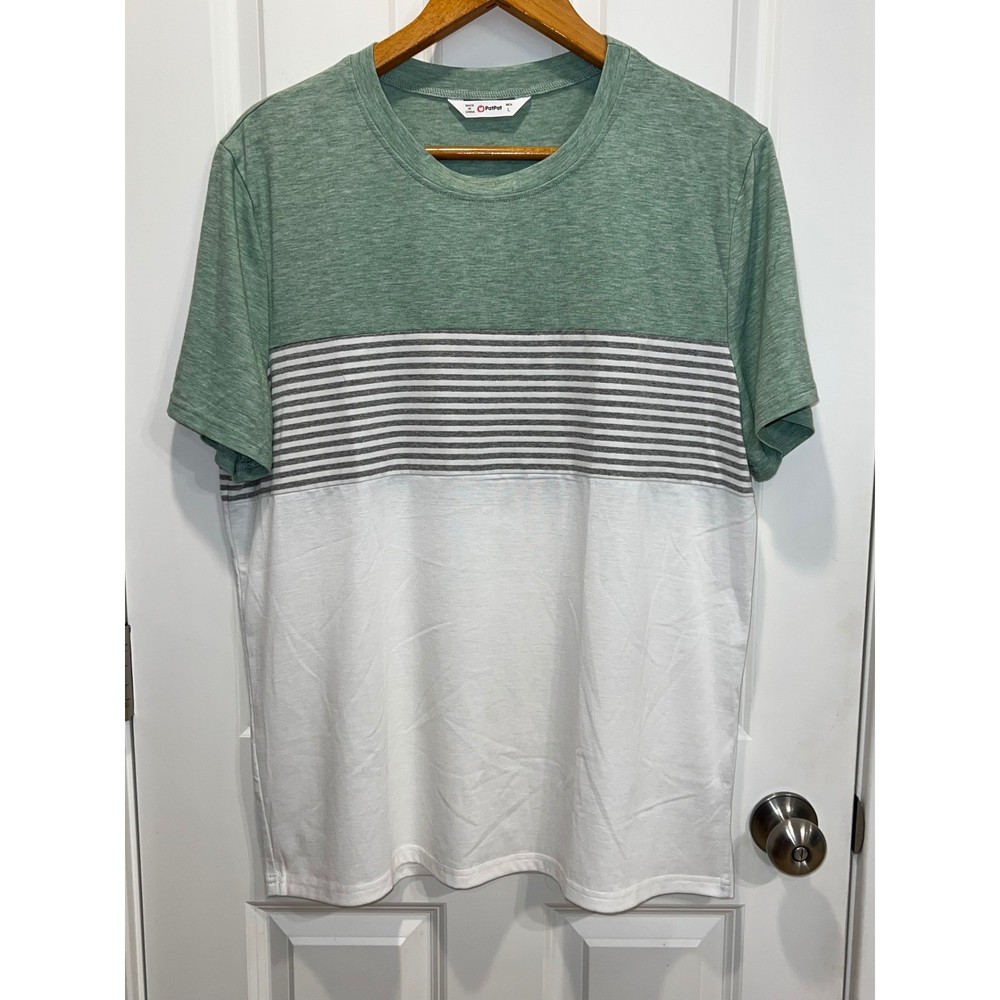 PatPat Mens Large Color Block T-Shirt – Green, White, Striped – Casual Top