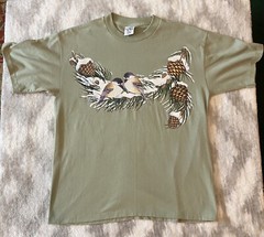 Vtg Cal Cru Tee Shirt Sage Green 90s Single Stitch Birds Winter Sz M USA Made