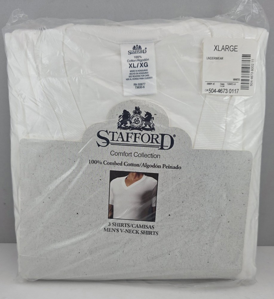 STAFFORD Comfort Collection Men’s V-Neck T-Shirts 3-Pack White XL New Old Stock