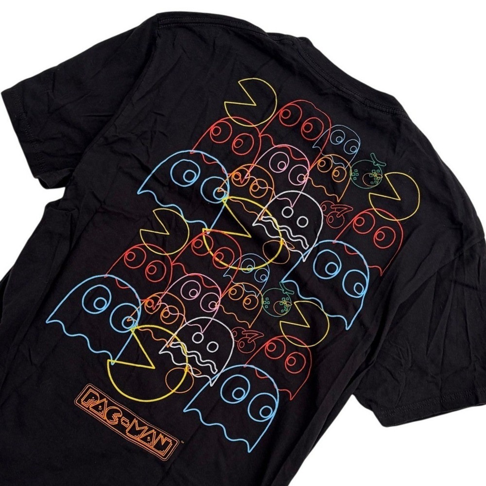 Pac-Man Mens Large Black Graphic T-Shirt Neon Ghost Print C-Life Group Cotton