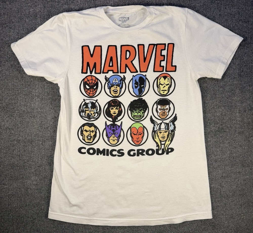 Marvel Comics Group Superhero T Shirt Mens Small White Graphic Avengers Tee