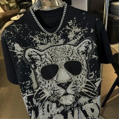 New Men Luxury Diamond Leopard Rhinestones Fashion T-Shirt High Quality 3 Colors