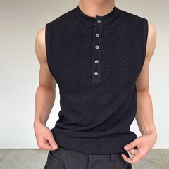Men’s Ribbed Vest Sleeveless For Henry Collar Slim Fit Streetwear Sports Top