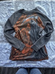 Y2K Skater Style Gray and Red Long Sleeve Thermal with Grim Reaper Graphic