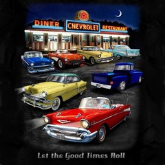 Joe Blow T’s Chevy Diner Good Times Roll Men’s Black T-Shirt Tri-Five Corvette