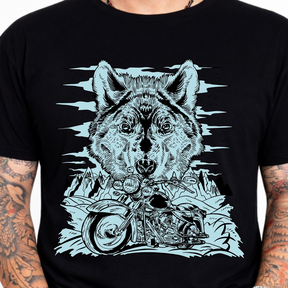 Wolf Motorcycle Graphic Tee Biker Wolf Mountain Rider Wildlife Gift Shirt.