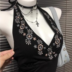 Y2K Black V-Neck Halter Top Boho Floral Embroidered Vintage Retro Festival Cami