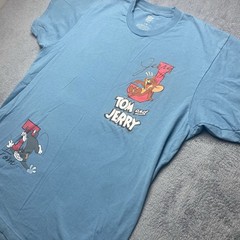 Tom and Jerry Mens Blue T Shirt Size L Cartoon Cat and Mouse
