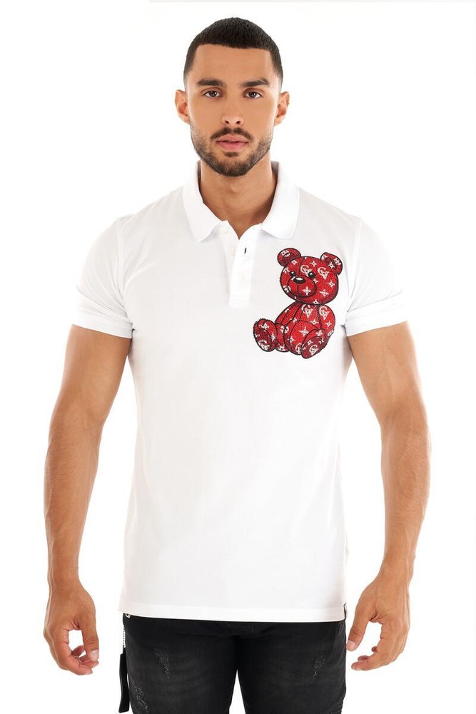 Avenue George V Paris Men’s White S/Sleeves Polo Shirt Red rhinestone teddy bear