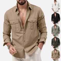Men’s Cargo Shirt Casual Slim Shirts Long Sleeve Button Down Tops Blouse