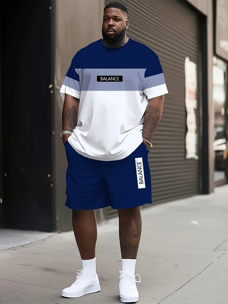 Men’S Plus Size Two-Piece Sportswear Set – Green & White Color Block, 3D Printed