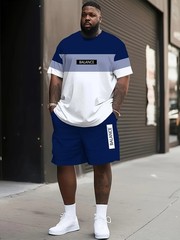 Men’S Plus Size Two-Piece Sportswear Set – Green & White Color Block, 3D Printed