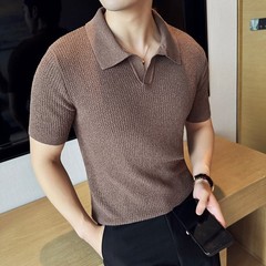 Summer New Men’s Short Sleeve Knit Shirt V-Neck Collar Slimming Casual Shirt Top