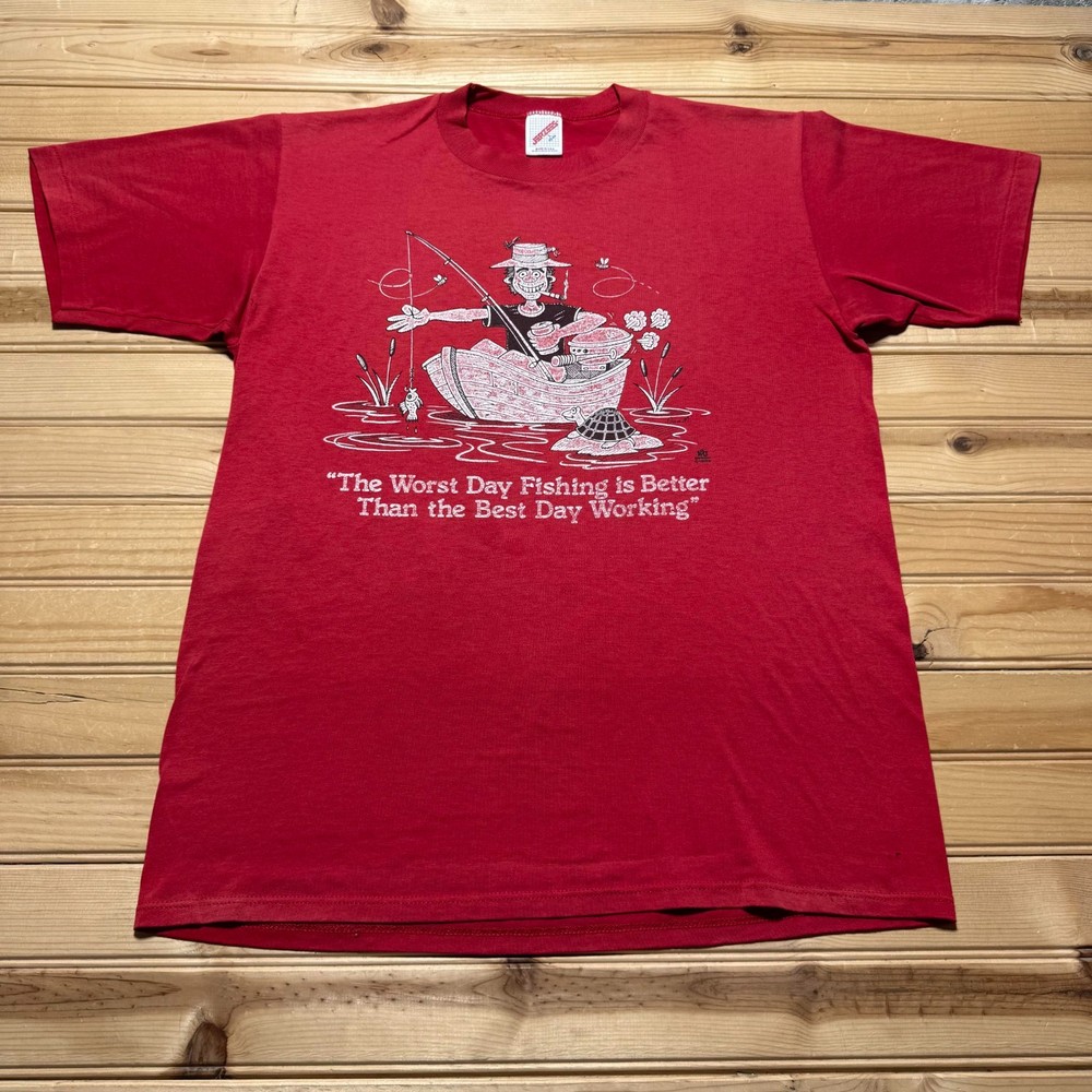 Vintage 1988 Worst Day Fishing Better Than Best Day Working Funny T-Shirt Large